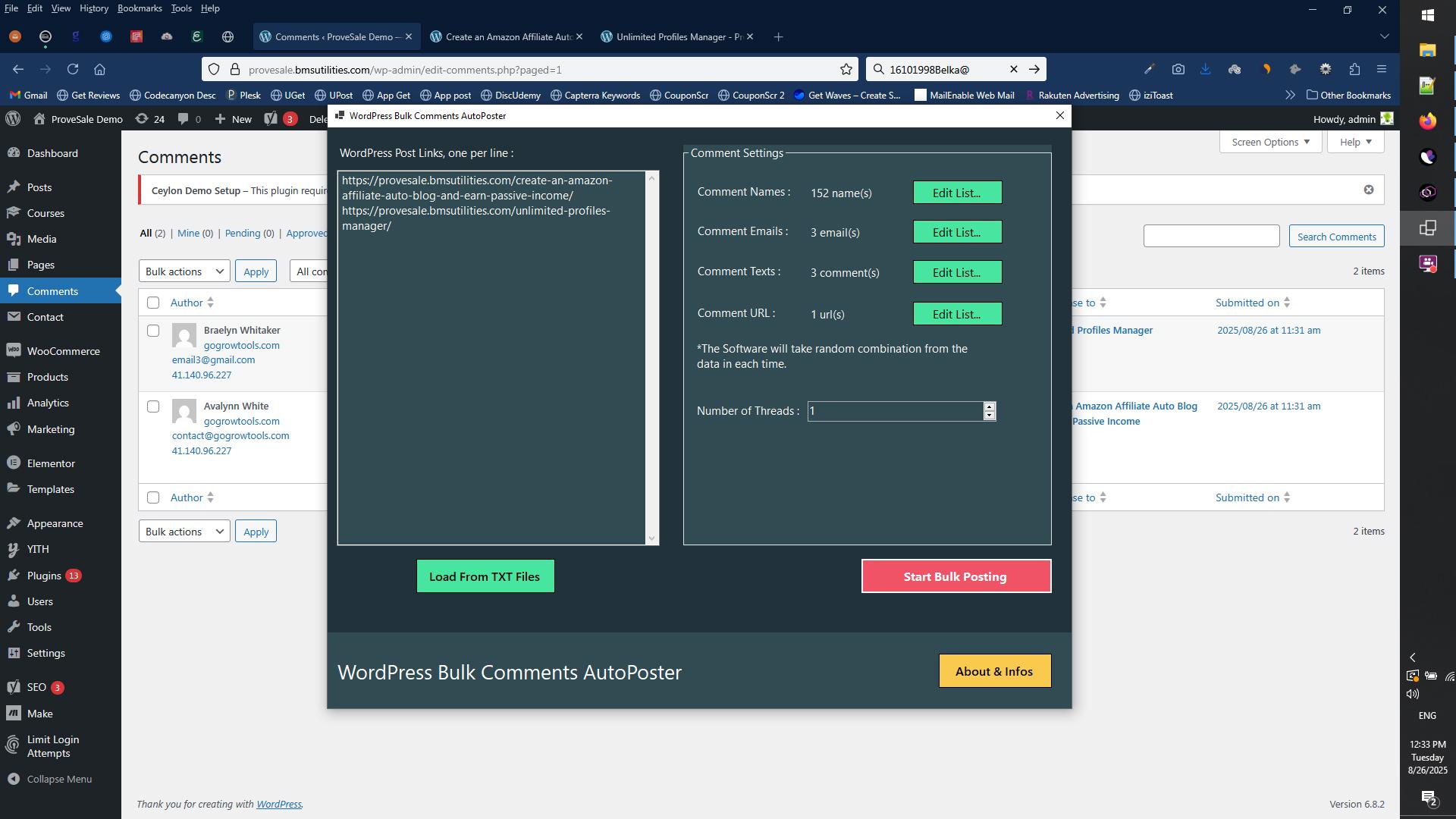 WordPress Bulk Comments AutoPoster Screenshot