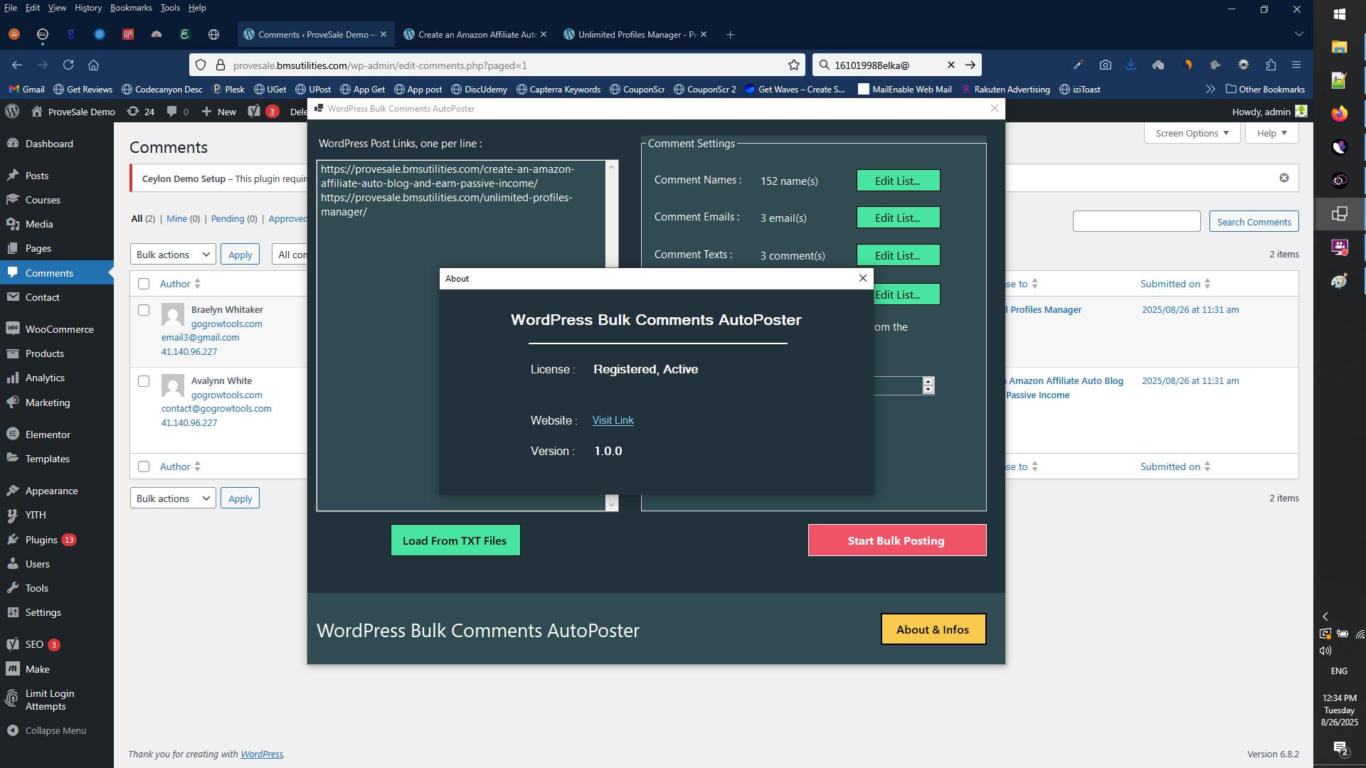 WordPress Bulk Comments AutoPoster Screenshot